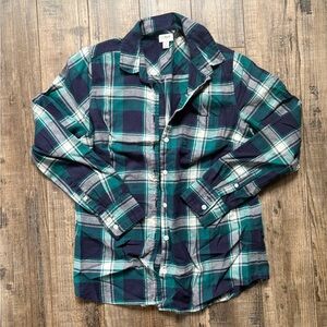 J. Crew Women’s Long-Sleeve Green Navy Plaid Flannel Button-Up Shirt